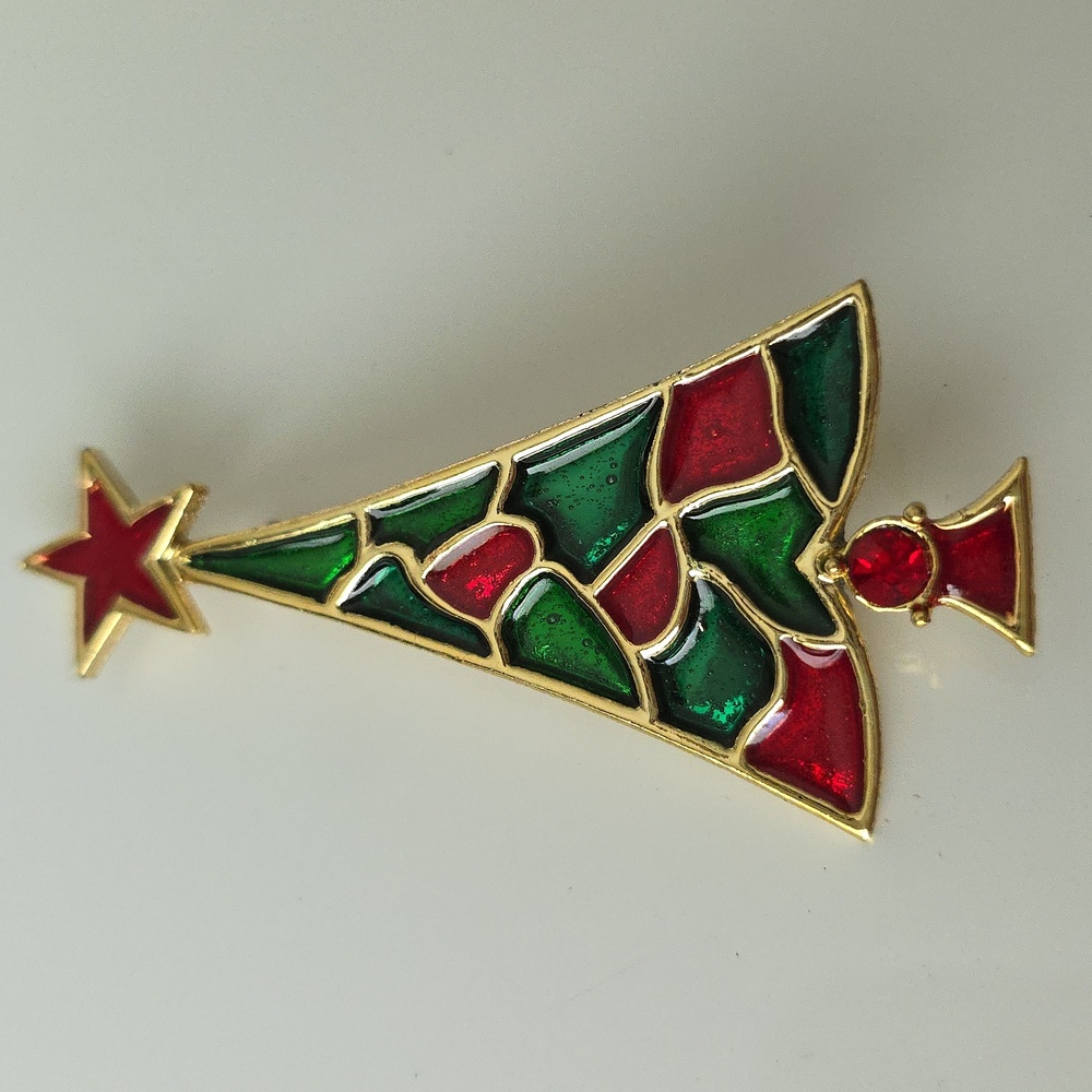 Vintage Signed B.J. STAINED GLASS CHRISTMAS TREE BROOCH